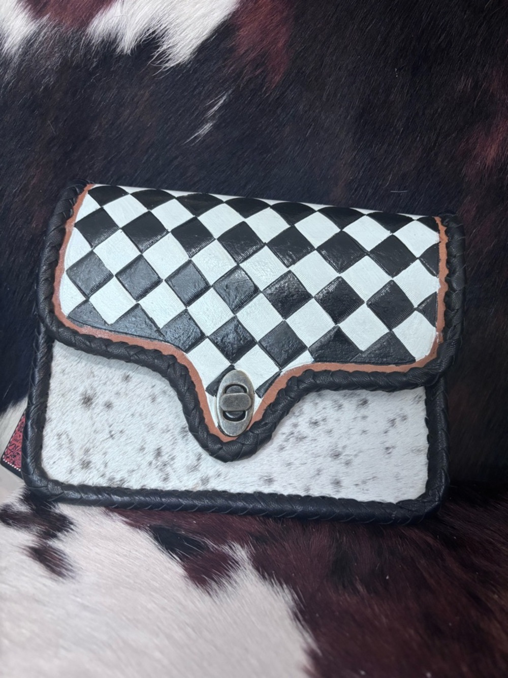 Handcrafted Black & White Cowhide Crossbody Bag